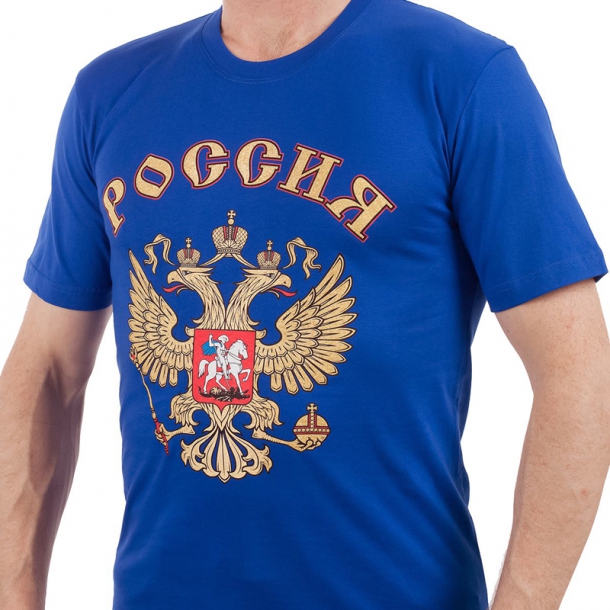 Синяя футболка «Россия» Материал: 100% хлопок;

Цвет: синий;

Способ нанесения: шелкография;

Размеры: 46-56;

Производство: Россия.